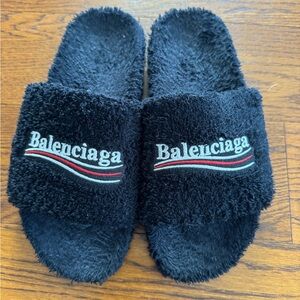 Balenciaga Black Furry Logo Slides